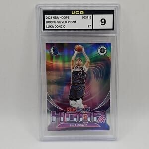 2023-24 NBA Hoops Premium Stock Luka Doncic Hoopla Silver Prizm #7 Graded 9